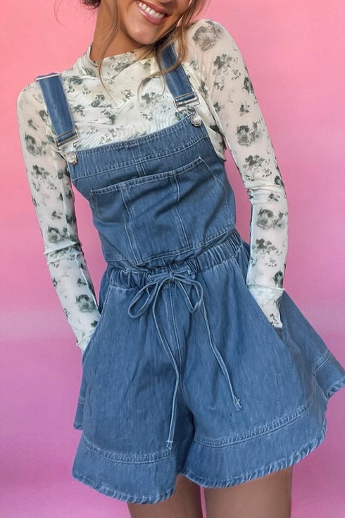 Buckle Strap Backless Drawstring Flared Denim Romper