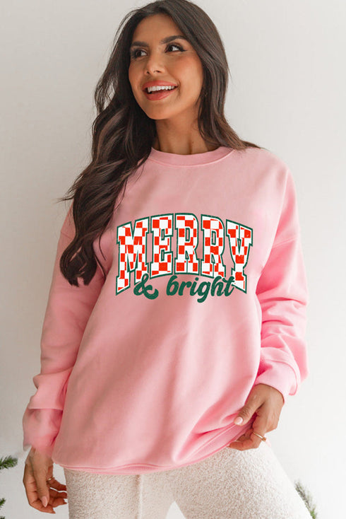 Buffalo Plaid MERRY & Bright Letter Graphic Drop Shoulder Crewneck Pullover Sweatshirt