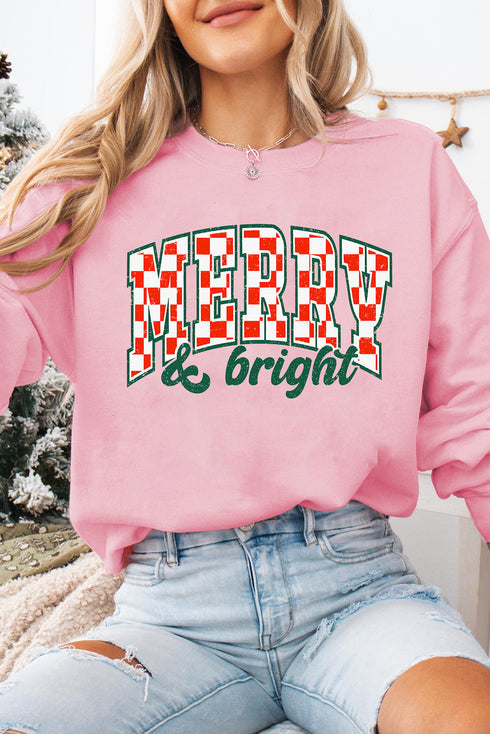 Buffalo Plaid MERRY & Bright Letter Graphic Drop Shoulder Crewneck Pullover Sweatshirt