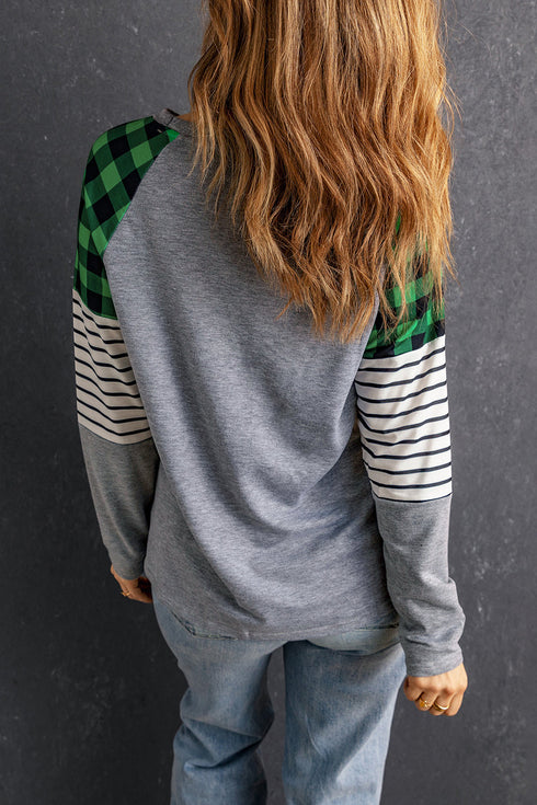 Buffalo Plaid & Stripe Splicing Long Sleeve Top