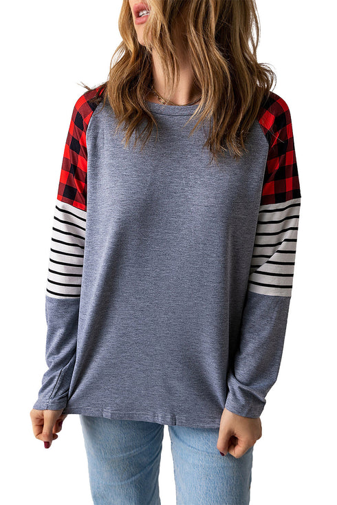 Buffalo Plaid & Stripe Splicing Long Sleeve Top