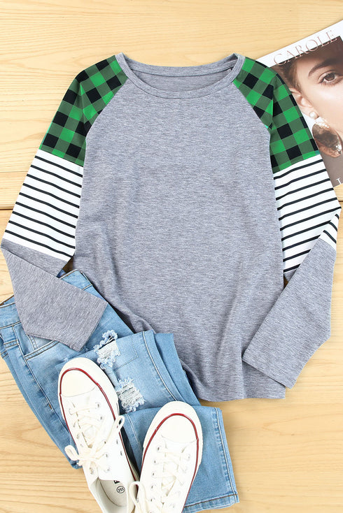 Buffalo Plaid & Stripe Splicing Long Sleeve Top