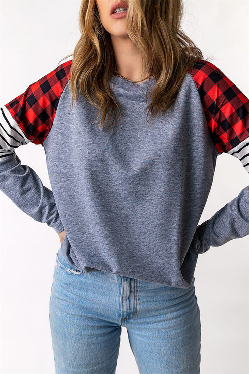 Buffalo Plaid & Stripe Splicing Long Sleeve Top