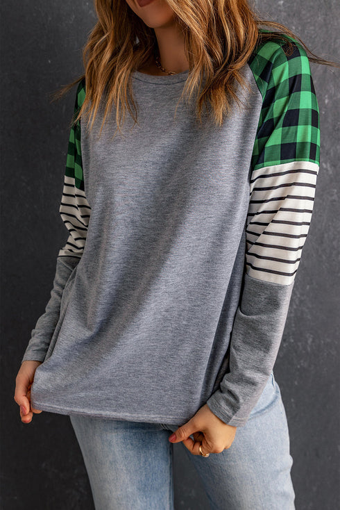 Buffalo Plaid & Stripe Splicing Long Sleeve Top