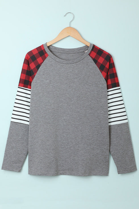 Buffalo Plaid & Stripe Splicing Long Sleeve Top