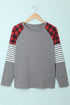 Buffalo Plaid & Stripe Splicing Long Sleeve Top