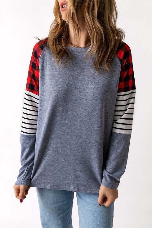 Buffalo Plaid & Stripe Splicing Long Sleeve Top