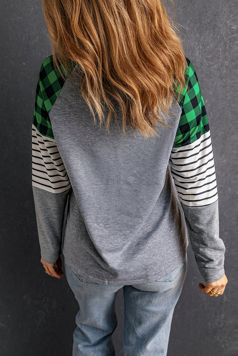 Buffalo Plaid & Stripe Splicing Long Sleeve Top