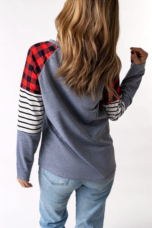 Buffalo Plaid & Stripe Splicing Long Sleeve Top