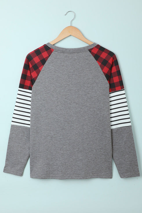 Buffalo Plaid & Stripe Splicing Long Sleeve Top