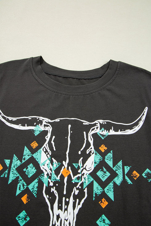Bull Skull Graphic Print Western Style Cotton Tee