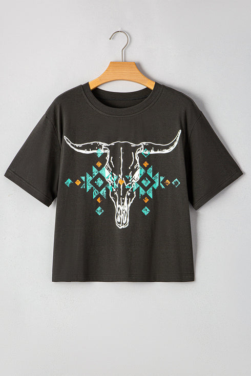 Bull Skull Graphic Print Western Style Cotton Tee