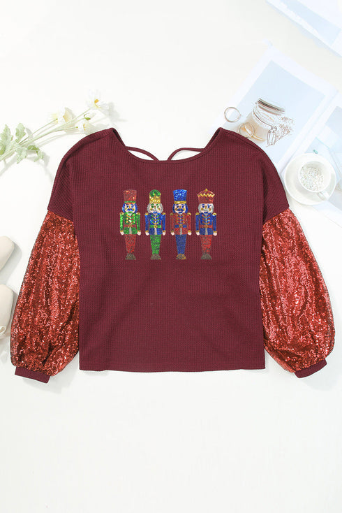Burgundy Sequined Nutcracker Doll Contrast Sleeve Knit Top