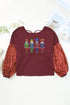 Burgundy Sequined Nutcracker Doll Contrast Sleeve Knit Top