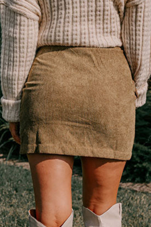 Button Front Corduroy Faux Pocket Mini Skirt