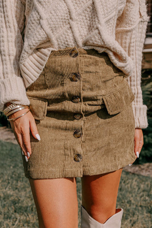 Button Front Corduroy Faux Pocket Mini Skirt