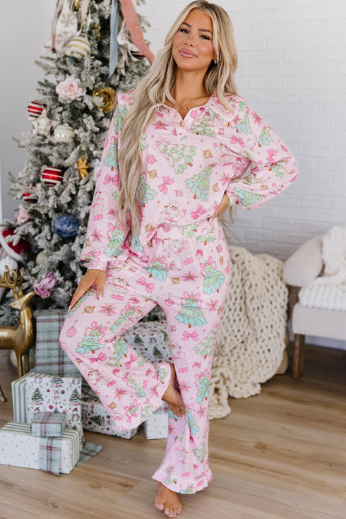 Button Front Long Sleeve Printed Lounge Set