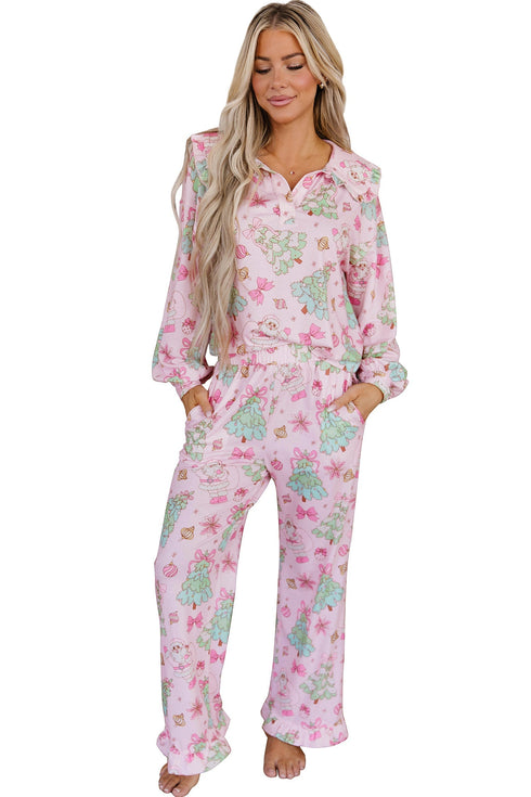 Button Front Long Sleeve Printed Lounge Set