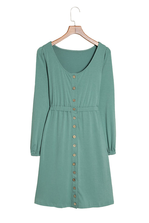 Button Front Long Sleeve Textured Mini Dress