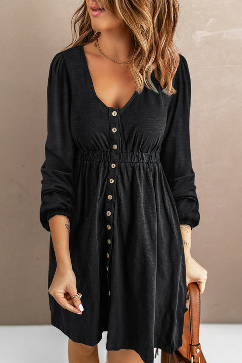 Button Front Long Sleeve Textured Mini Dress