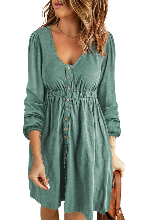 Button Front Long Sleeve Textured Mini Dress