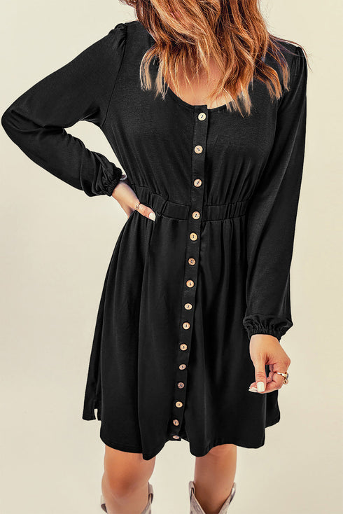 Button Front Long Sleeve Textured Mini Dress