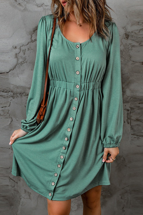 Button Front Long Sleeve Textured Mini Dress