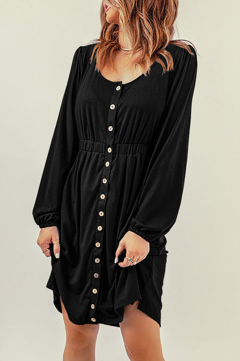 Button Front Long Sleeve Textured Mini Dress