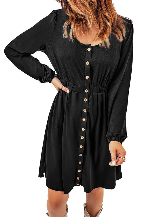 Button Front Long Sleeve Textured Mini Dress