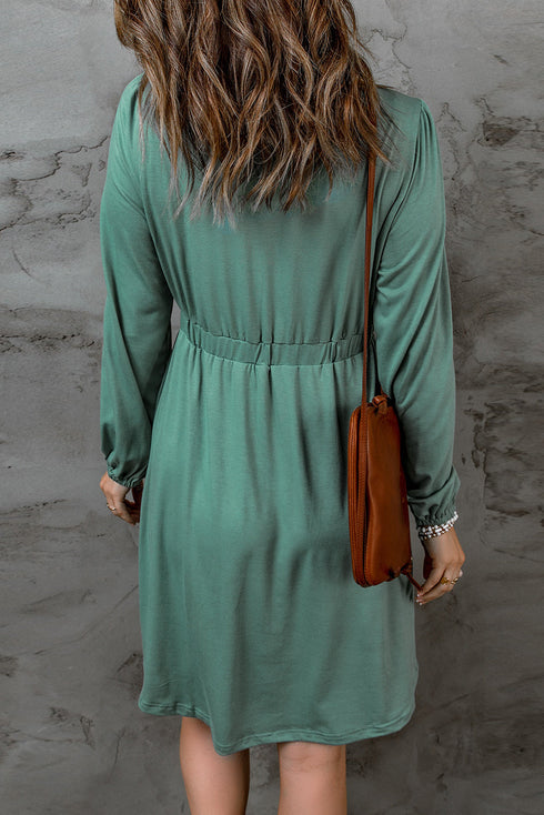Button Front Long Sleeve Textured Mini Dress