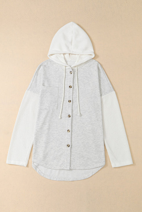 Button Front Mixed Media Knit Sleeve Hooded Jacket