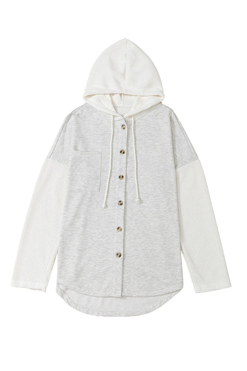 Button Front Mixed Media Knit Sleeve Hooded Jacket