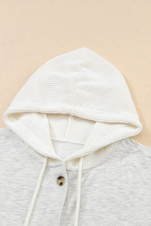 Button Front Mixed Media Knit Sleeve Hooded Jacket