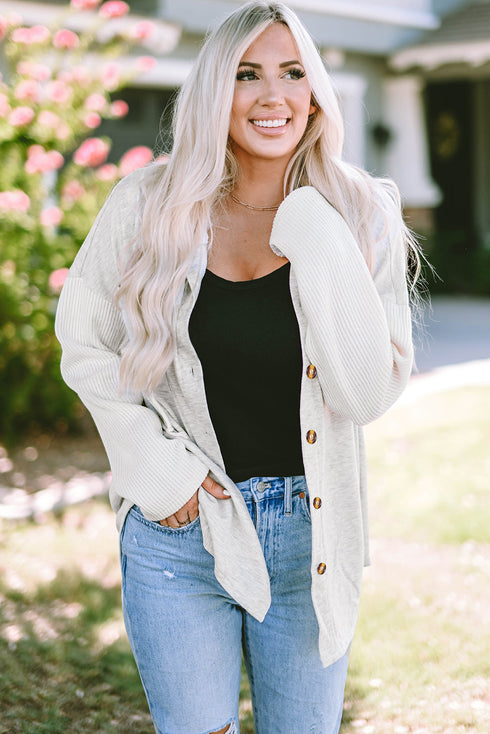 Button Front Mixed Media Knit Sleeve Hooded Jacket