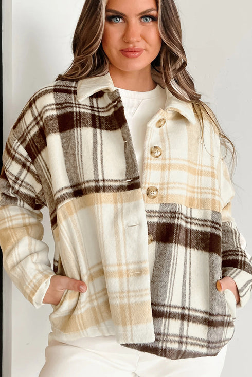 Button Front Patchwork Side Pocket Plaid Shacket