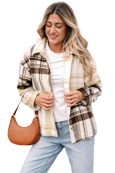 Button Front Patchwork Side Pocket Plaid Shacket