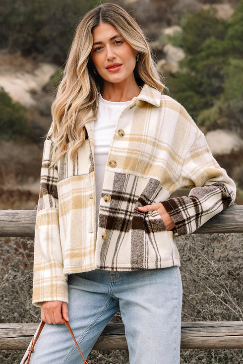 Button Front Patchwork Side Pocket Plaid Shacket