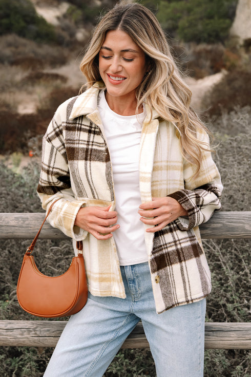 Button Front Patchwork Side Pocket Plaid Shacket