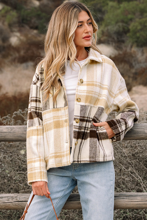 Button Front Patchwork Side Pocket Plaid Shacket