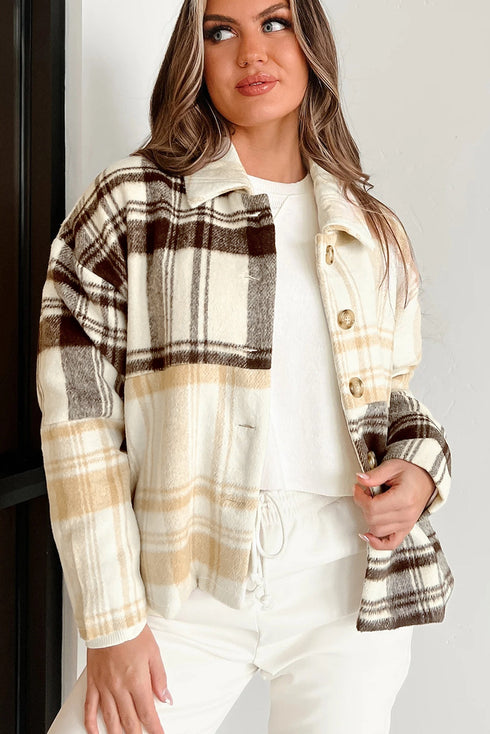 Button Front Patchwork Side Pocket Plaid Shacket