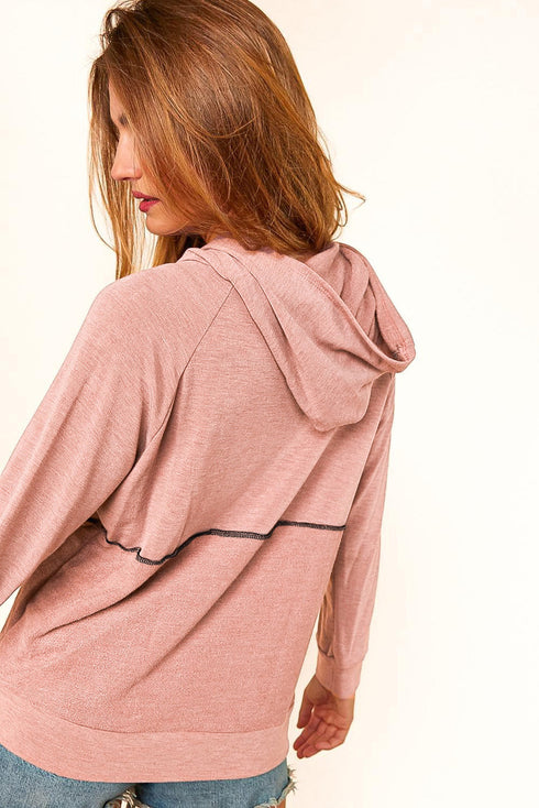Button Front Princess Seam Exposed Detail Hoodie
