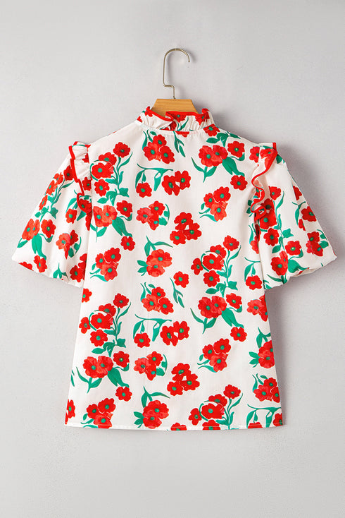 Button Front Puff Sleeve Floral Blouse with Ruffle Trim Collar