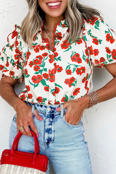 Button Front Puff Sleeve Floral Blouse with Ruffle Trim Collar