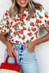 Button Front Puff Sleeve Floral Blouse with Ruffle Trim Collar