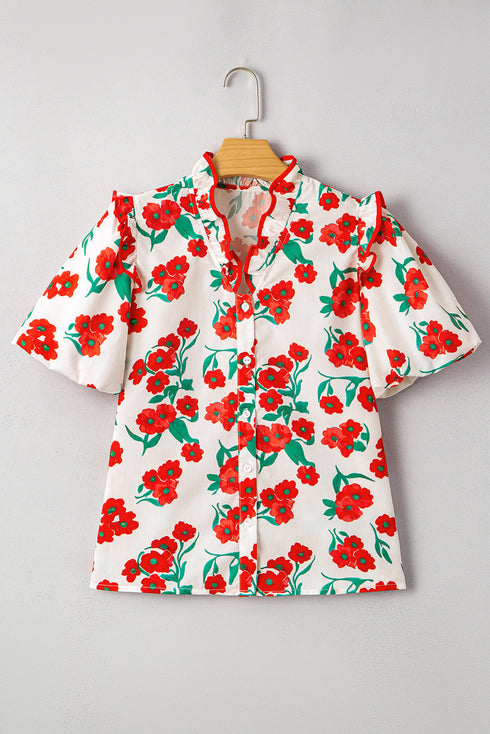 Button Front Puff Sleeve Floral Blouse with Ruffle Trim Collar