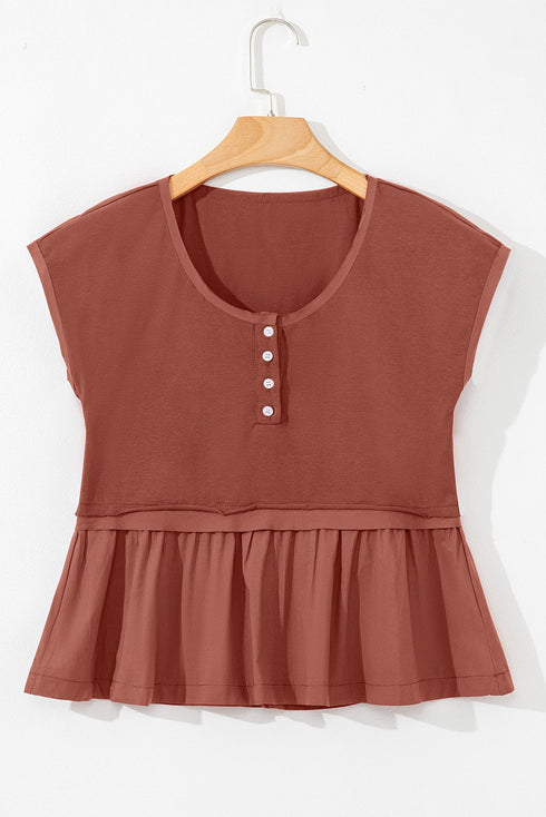 Button Front Ruffle Hem Cotton Peplum Blouse
