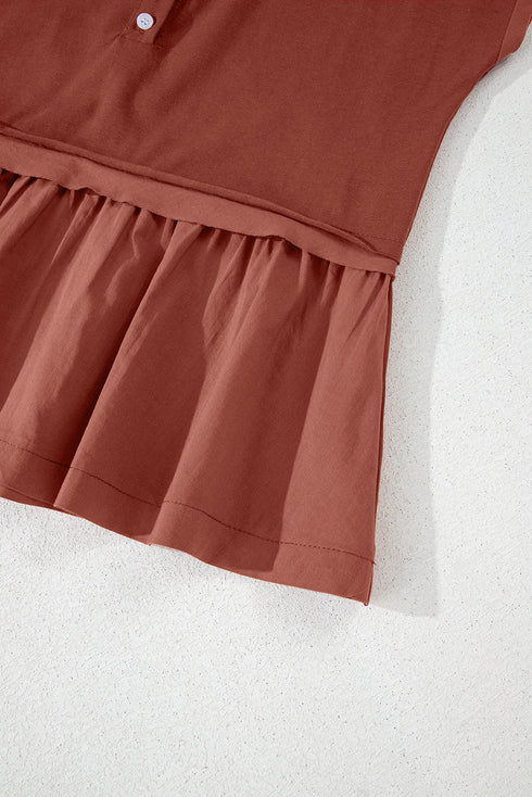 Button Front Ruffle Hem Cotton Peplum Blouse