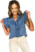 Button Front Ruffled Flutter Frayed Denim Top