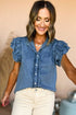 Button Front Ruffled Flutter Frayed Denim Top