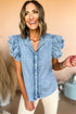 Button Front Ruffled Flutter Frayed Denim Top